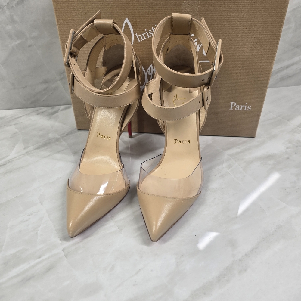 Christian Louboutin Nude Pointed-Toe Ankle-Strap Pumps